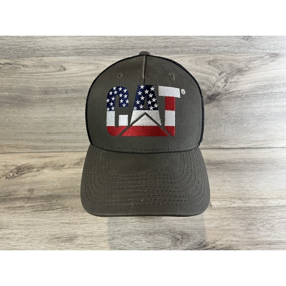 Cat Logo Caterpillar Gray Black Trucker Hat Cap Mesh Adjustable American Flag - Picture 1 of 7